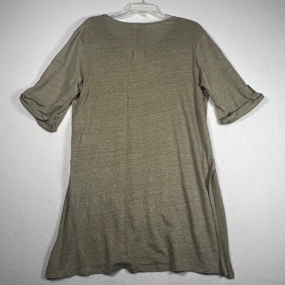 WRAP London Linen Tunic US 10 V-Neck 3/4 Sleeve Roll Tab Side Split Olive Sage - Picture 3 of 16